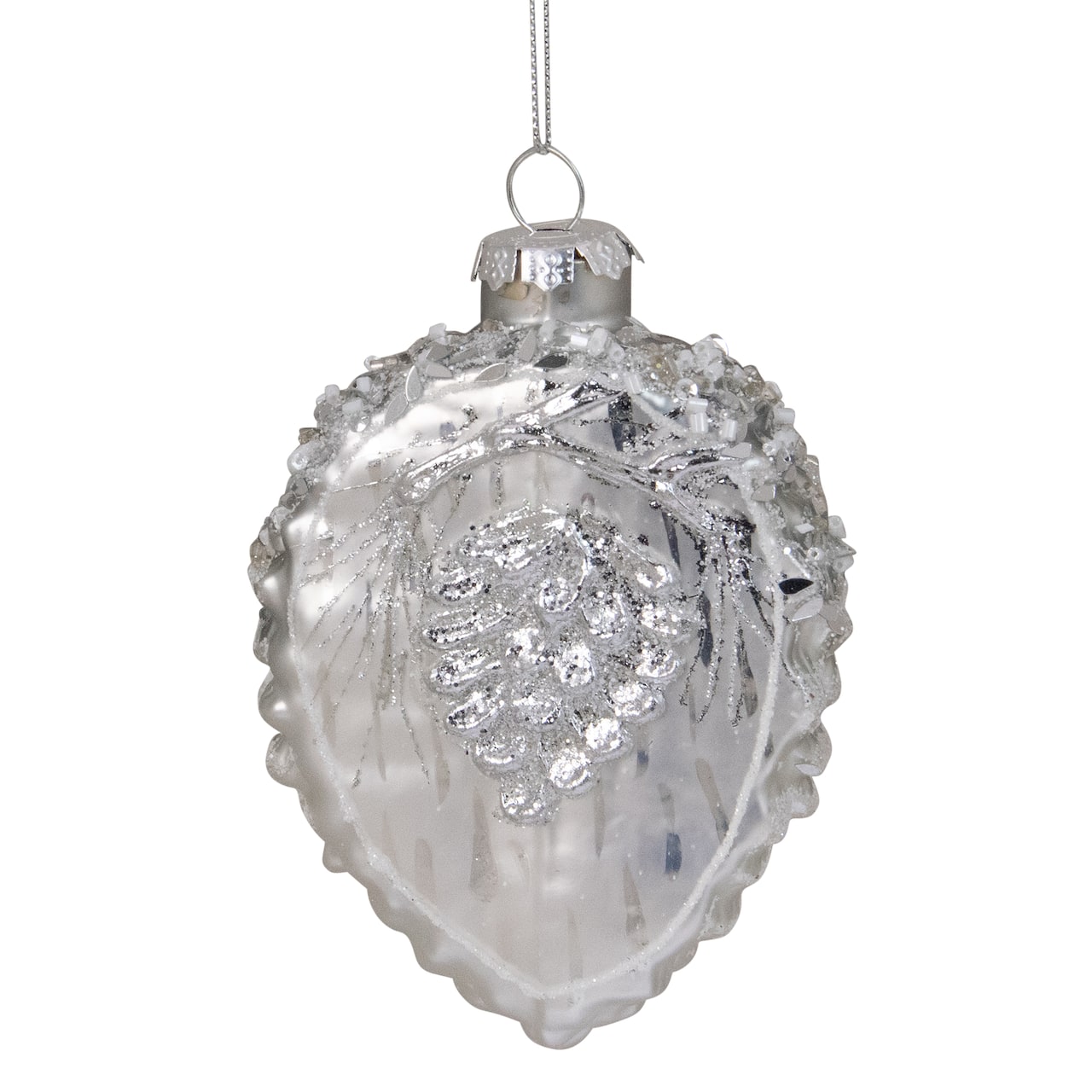 Glittered Half Pine Cone Glass Christmas Ornament - 4" - Silver
